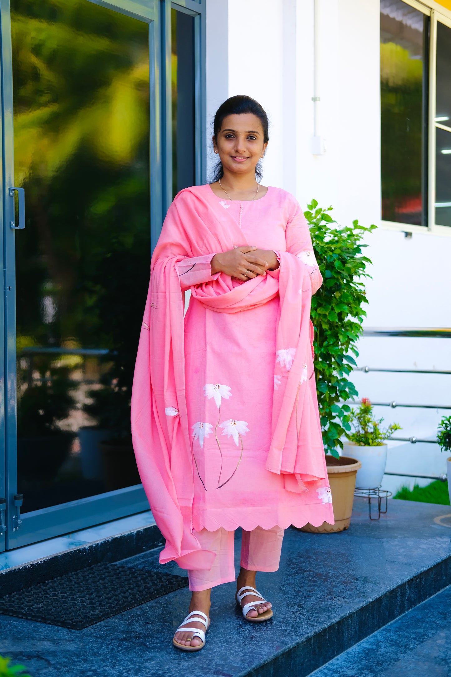 Haritha - Pink Hand Painted 3 Pcs Kurti Set