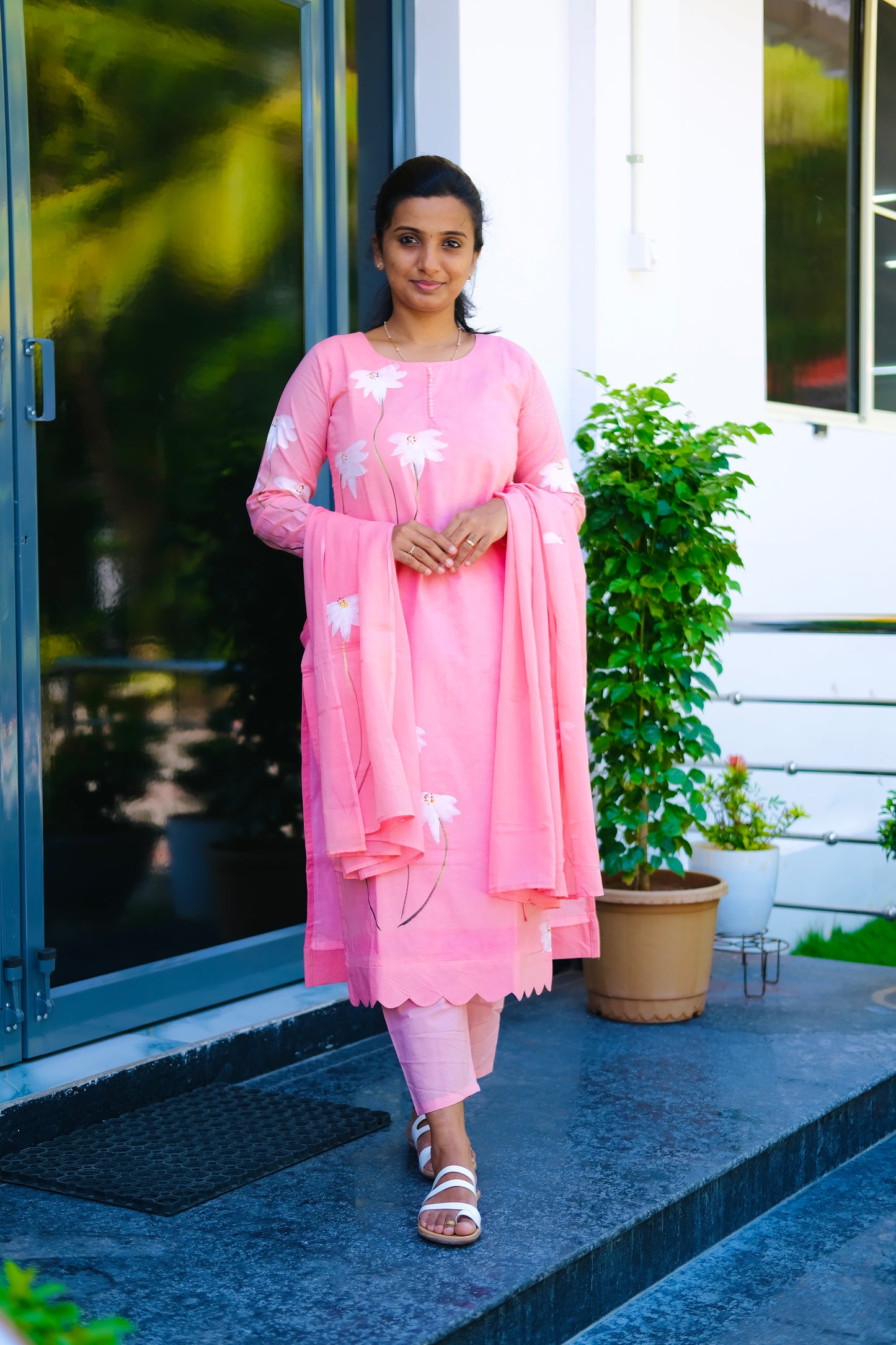 Haritha - Pink Hand Painted 3 Pcs Kurti Set