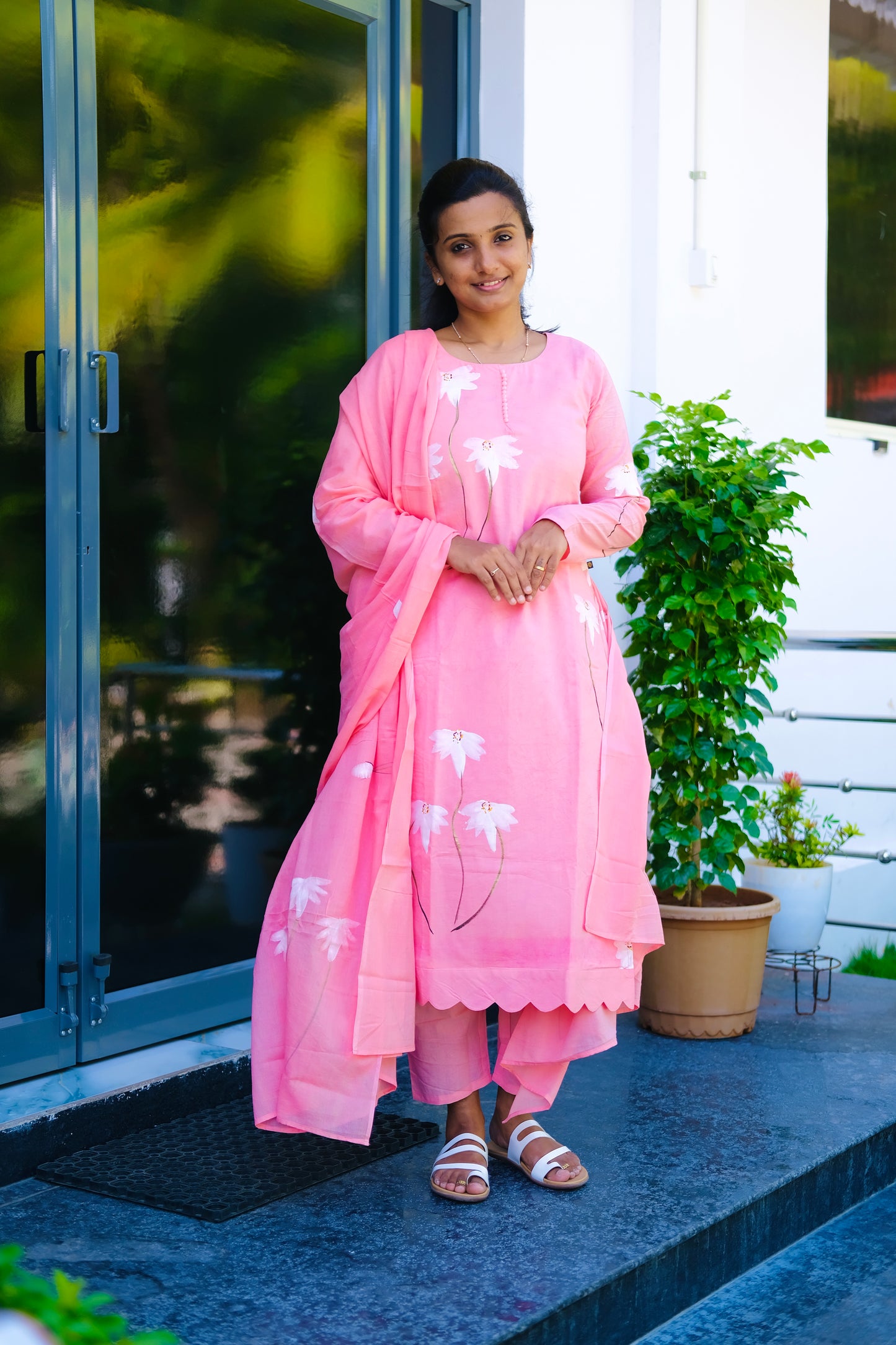 Haritha - Pink Hand Painted 3 Pcs Kurti Set