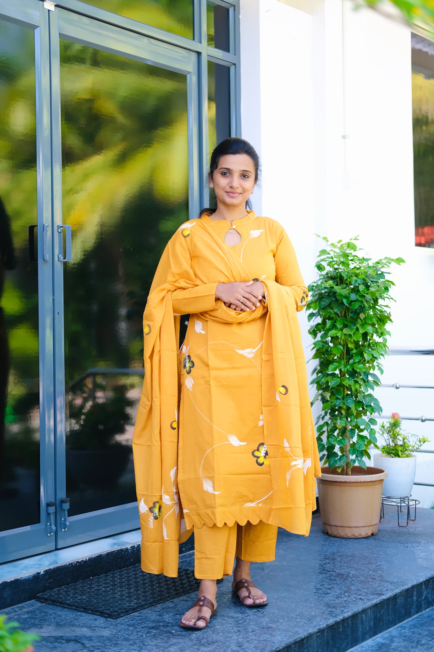 Haritha - Mustard Yellow Hand Painted 3 Pcs Kurti Set