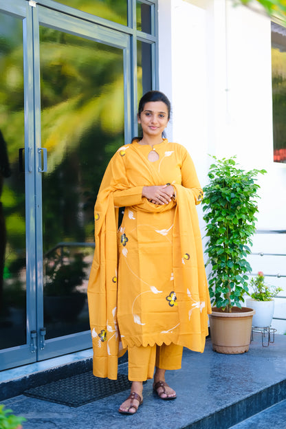 Haritha - Mustard Yellow Hand Painted 3 Pcs Kurti Set