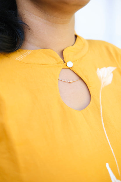 Haritha - Mustard Yellow Hand Painted 3 Pcs Kurti Set