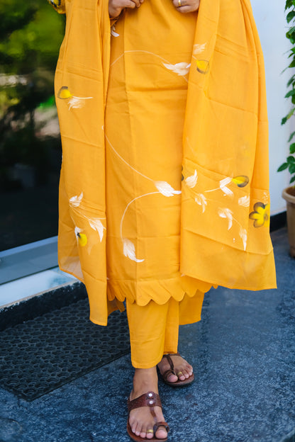 Haritha - Mustard Yellow Hand Painted 3 Pcs Kurti Set
