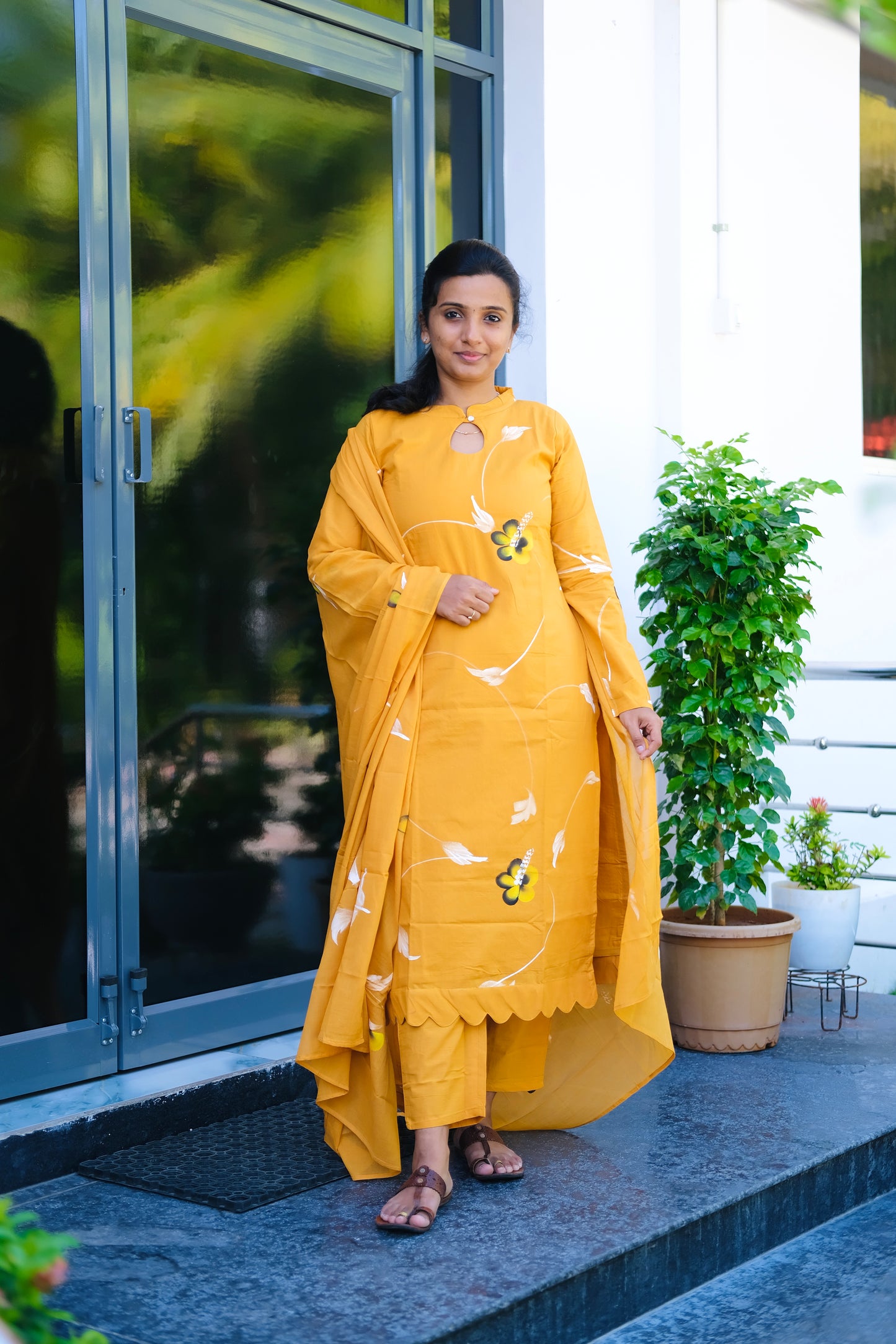 Haritha - Mustard Yellow Hand Painted 3 Pcs Kurti Set