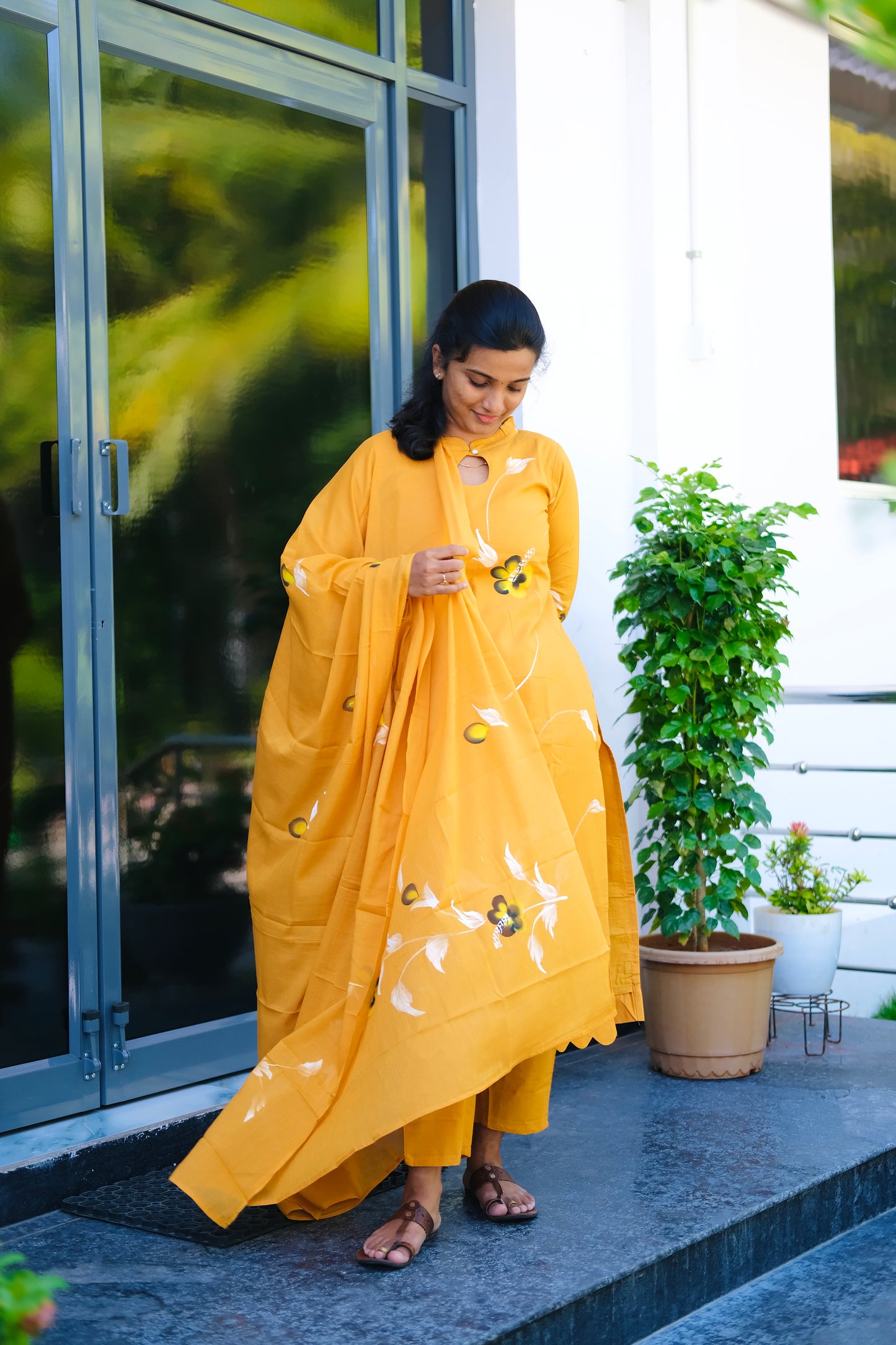Haritha - Mustard Yellow Hand Painted 3 Pcs Kurti Set