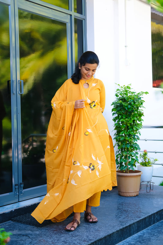 Haritha - Mustard Yellow Hand Painted 3 Pcs Kurti Set