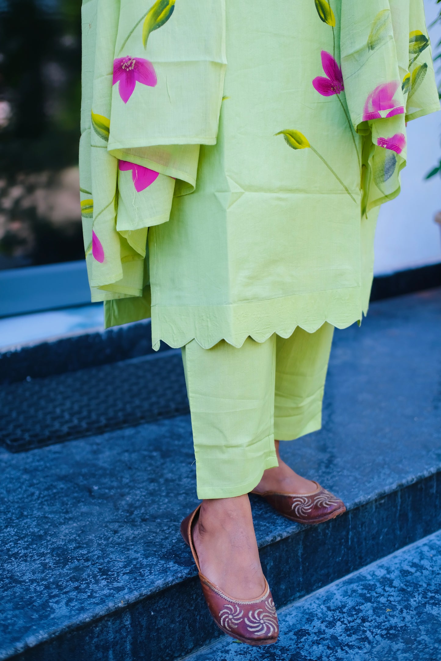 Haritha - Green Hand Painted 3 Pcs Kurti Set