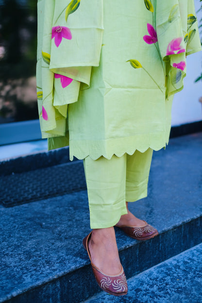 Haritha - Green Hand Painted 3 Pcs Kurti Set