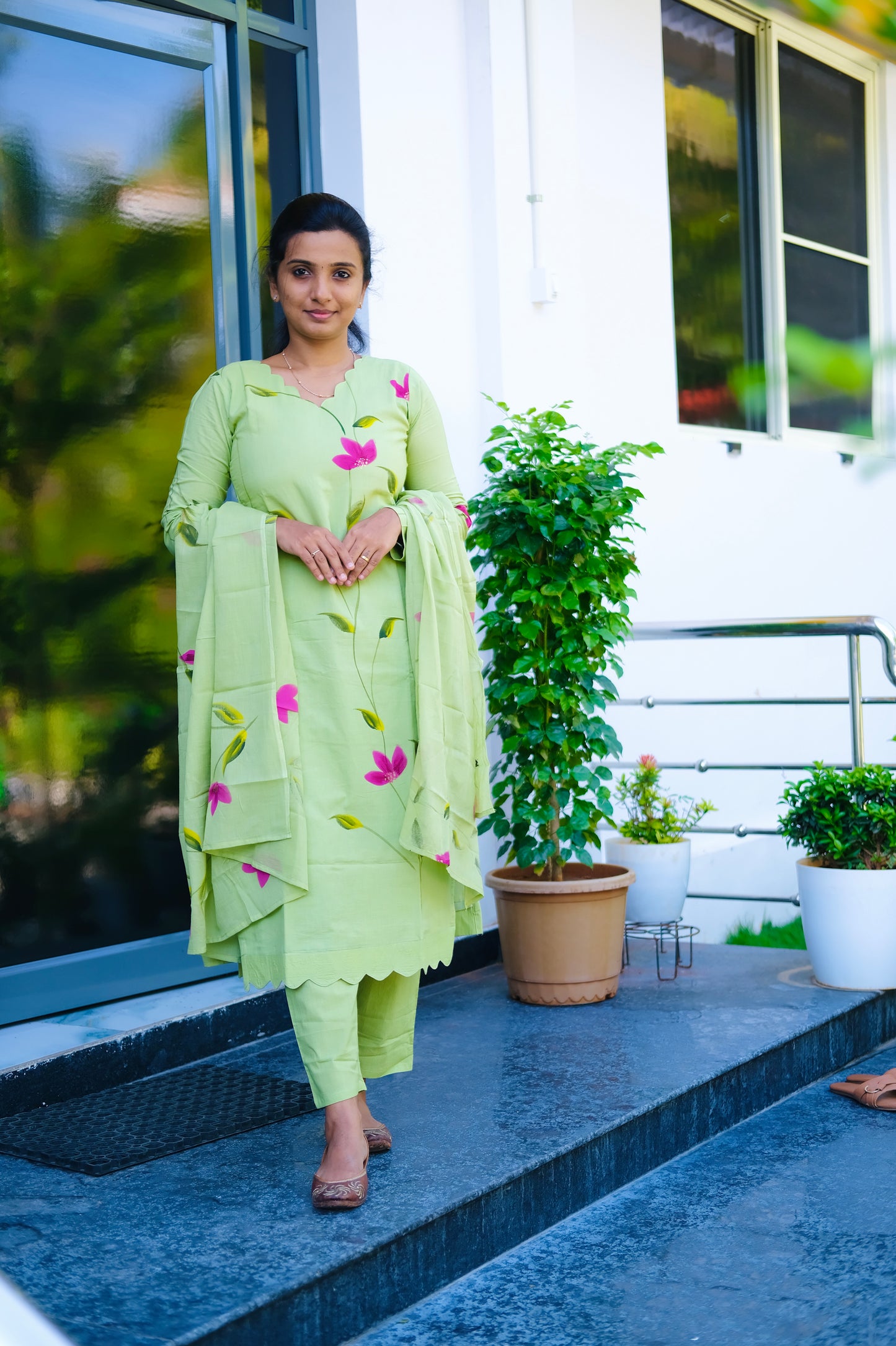 Haritha - Green Hand Painted 3 Pcs Kurti Set