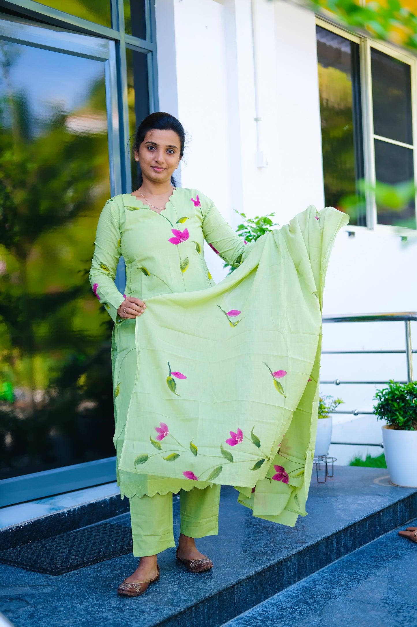 Haritha - Green Hand Painted 3 Pcs Kurti Set