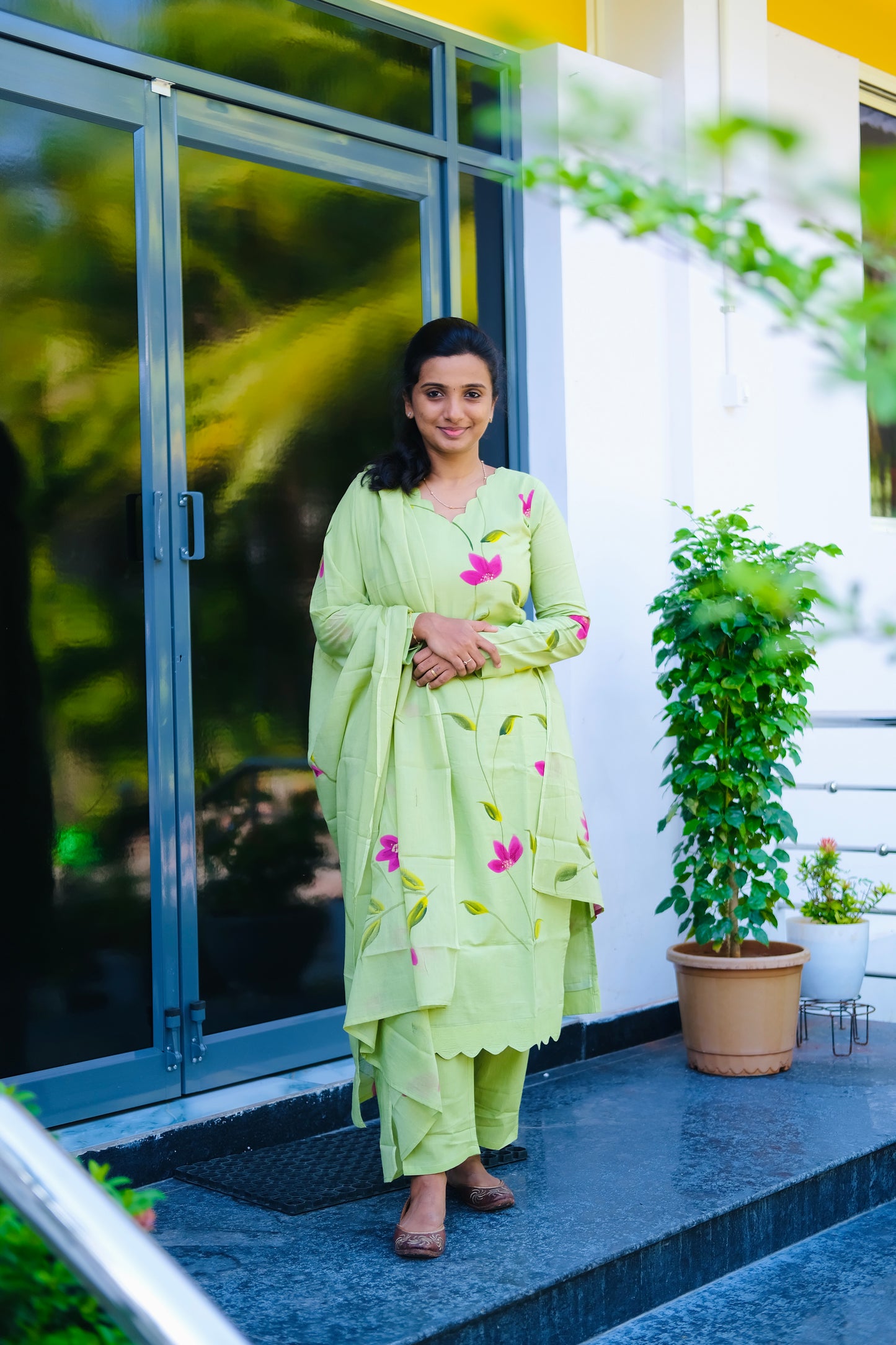 Haritha - Green Hand Painted 3 Pcs Kurti Set