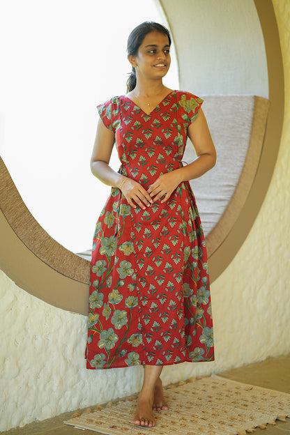 A-line cotton maxi dress in red with green floral prints and side pockets