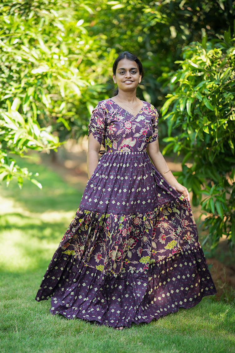 Full length cotton maxi dress in violet with traditional kalamkari-inspired print