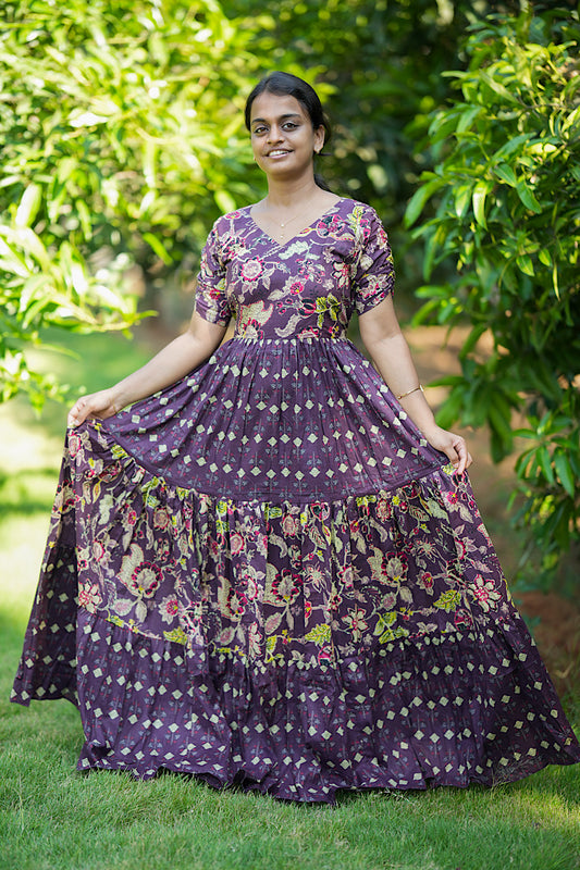 Amritha violet cotton maxi dress with floral block print and tiered skirt
