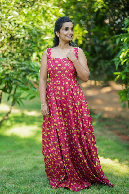 Front view of the sleeveless deep pink cotton maxi dress showing the sweetheart neckline