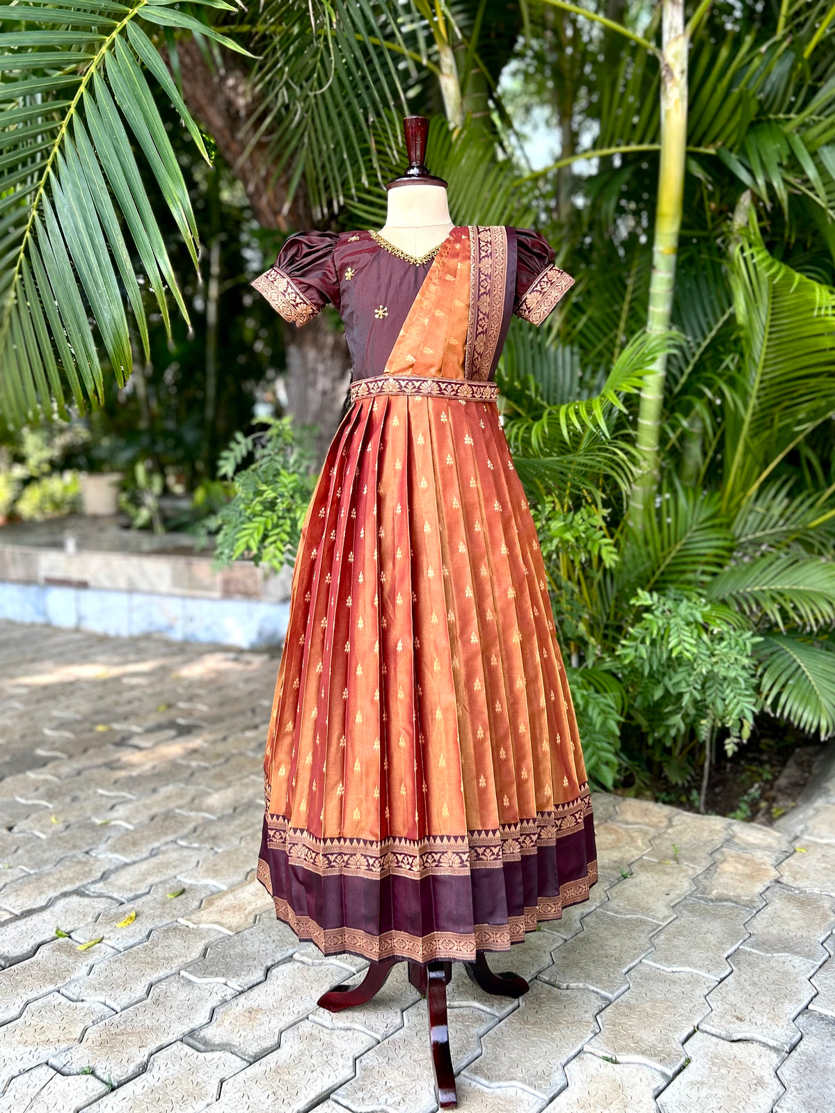 Suhani - Rust Orange & Maroon Silk Maxi Dress With Dupatta