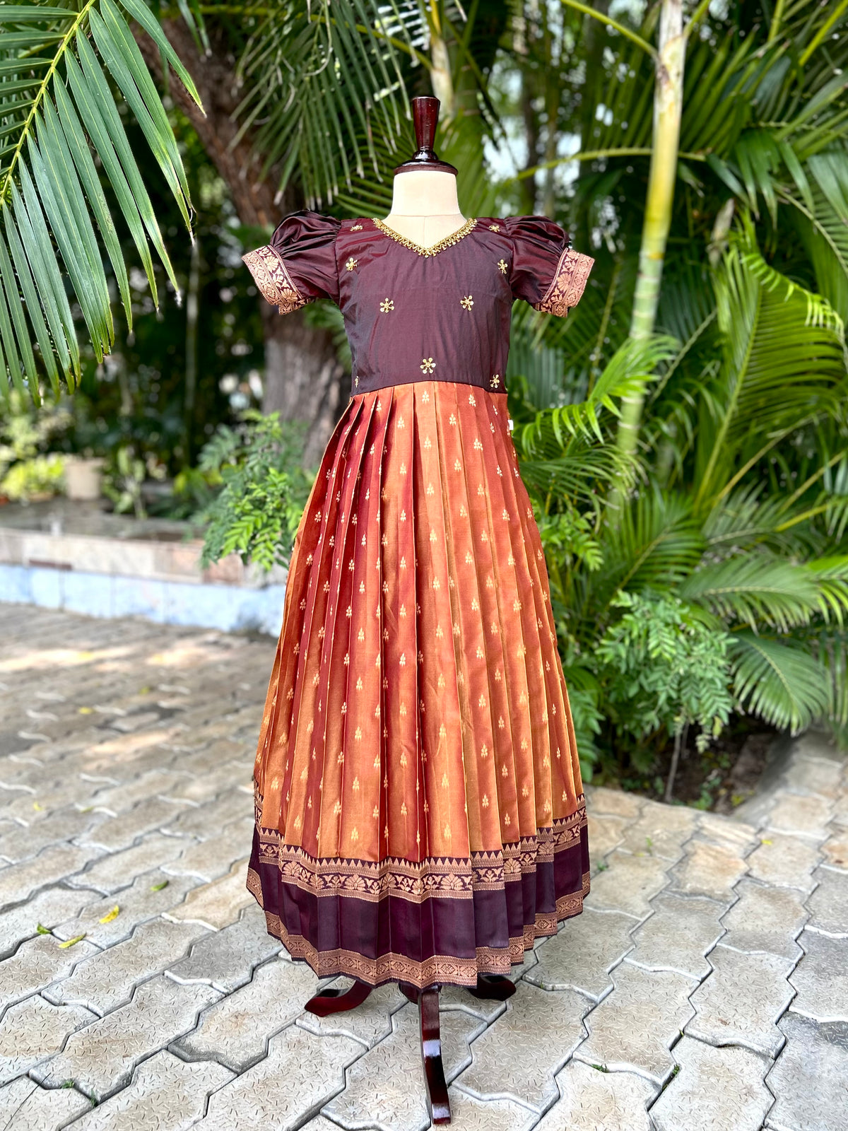 Suhani - Rust Orange & Maroon Silk Maxi Dress With Dupatta