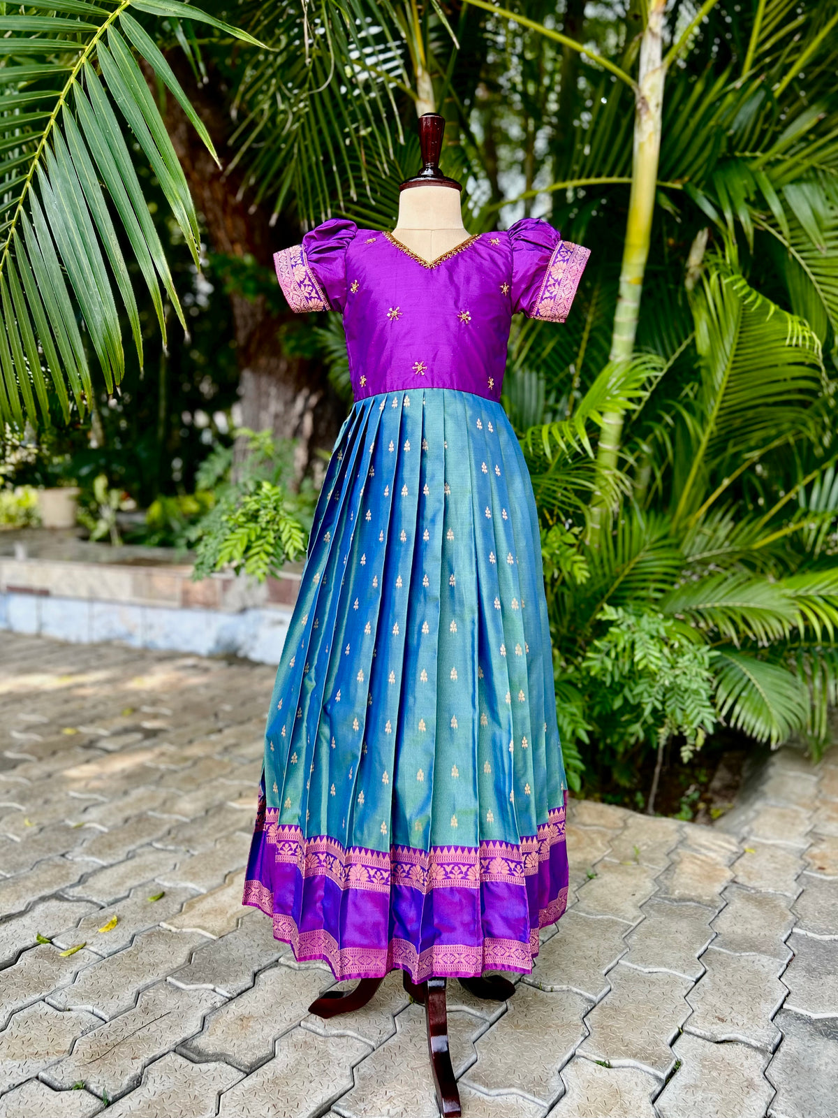 Suhani - Teal Blue & Violet Silk Maxi Dress With Dupatta