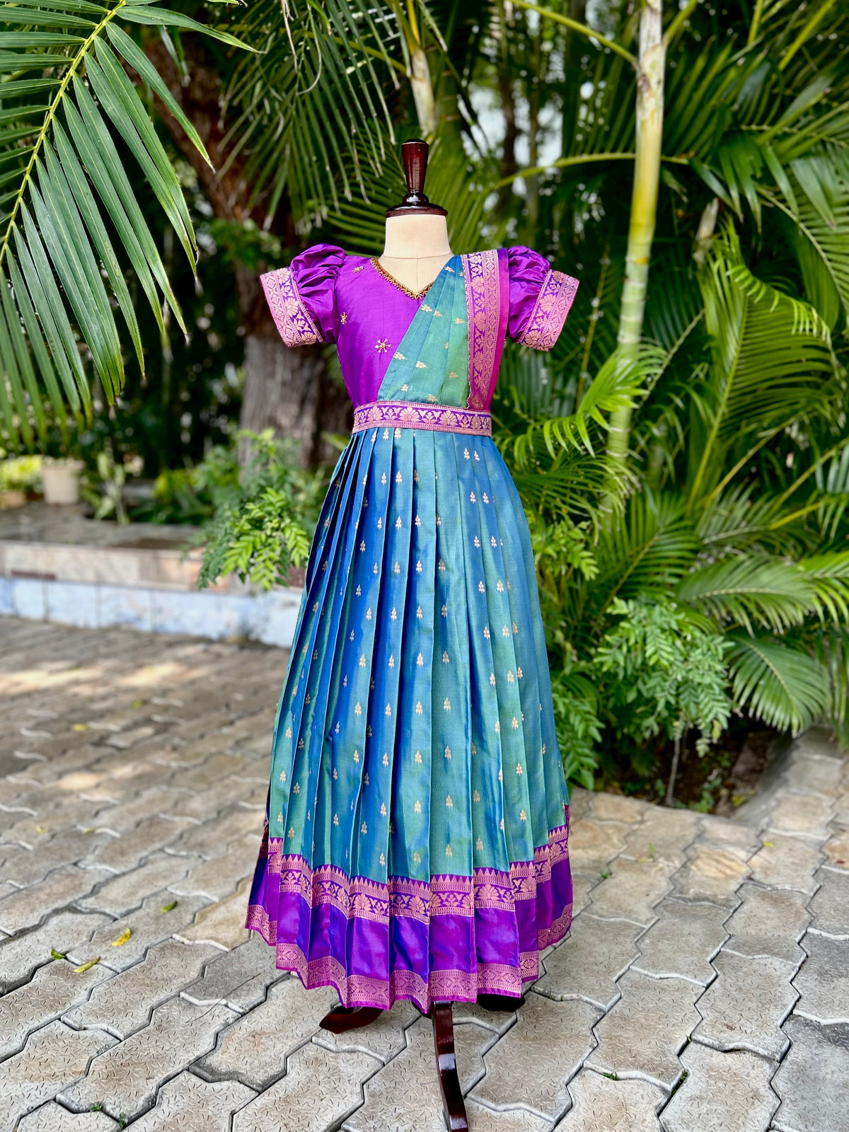 Suhani - Teal Blue & Violet Silk Maxi Dress With Dupatta