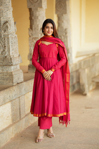 Front view of the Chaithra mangalgiri cotton kurti set showing the elegant flare and drape.