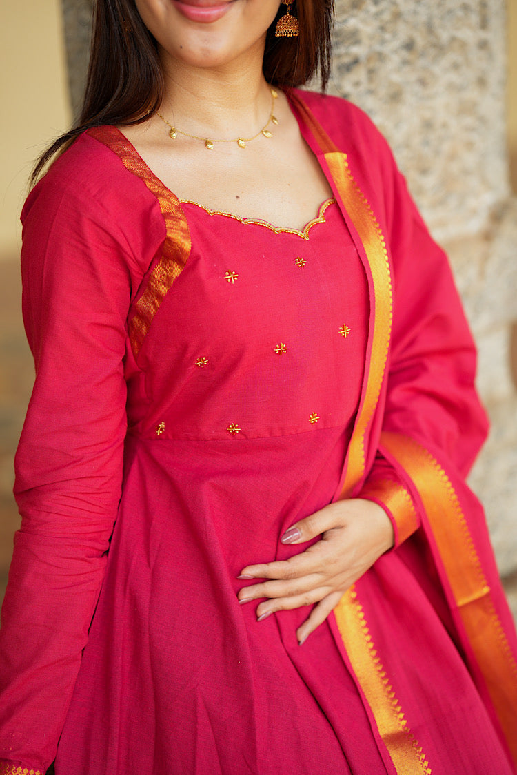 Detailed view of the delicate gold star embroidery on the yoke and the scalloped neckline border.