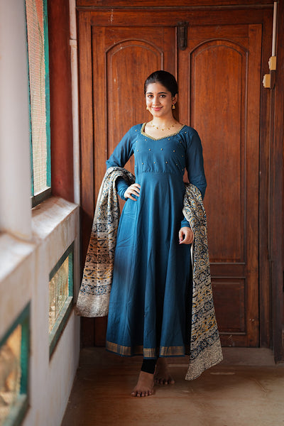 Blue mangalgiri cotton anarkali set with kalamkari dupatta