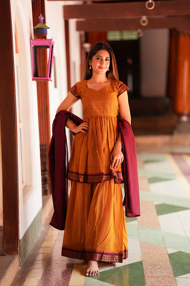 Mustard chettinad cotton sharara set with maroon dupatta