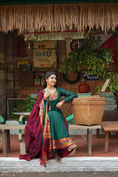 Saritha - Green Pythani Side Panel Anarkali 2 Pcs Set