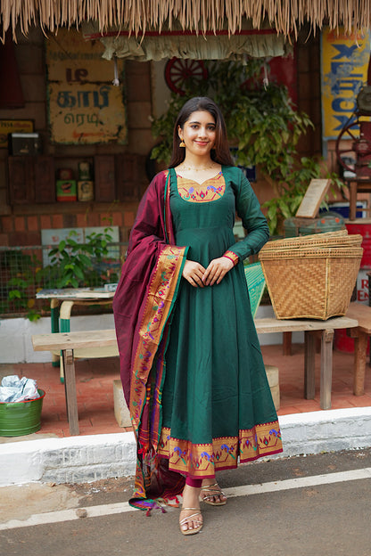 Saritha - Green Pythani Side Panel Anarkali 2 Pcs Set