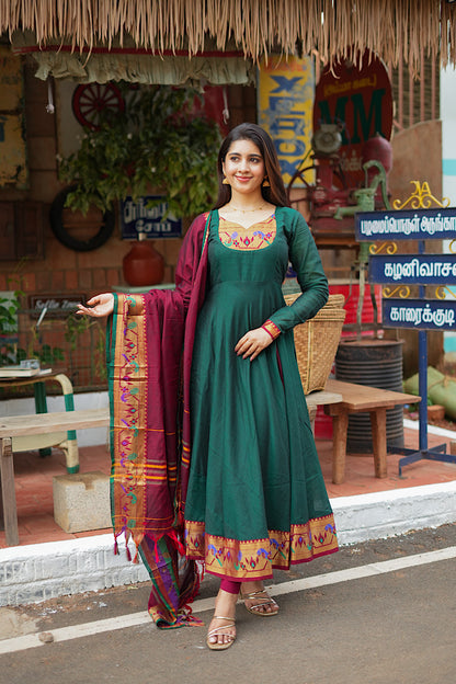 Saritha - Green Pythani Side Panel Anarkali 2 Pcs Set
