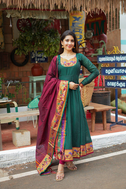 Saritha - Green Pythani Side Panel Anarkali 2 Pcs Set