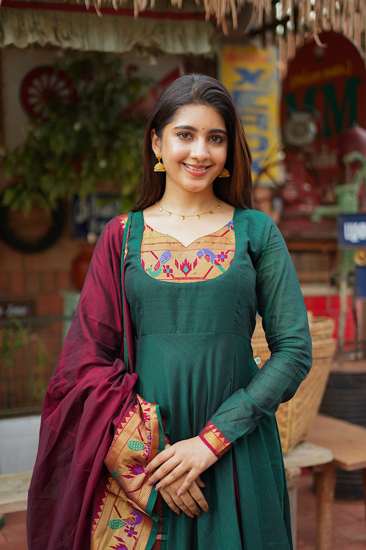 Saritha - Green Pythani Side Panel Anarkali 2 Pcs Set
