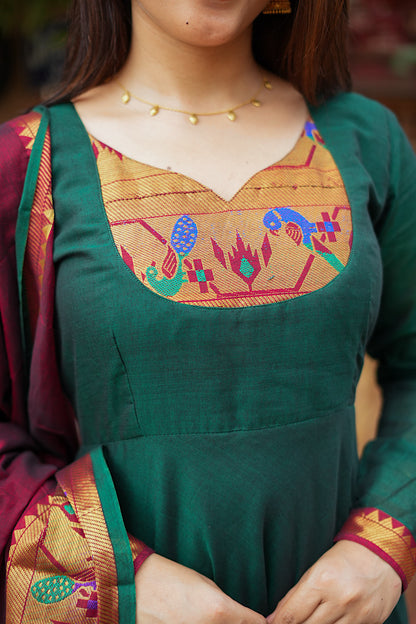 Saritha - Green Pythani Side Panel Anarkali 2 Pcs Set