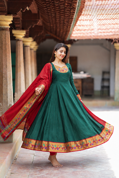 Saritha - Green Pythani Side Panel Anarkali 2 Pcs Set