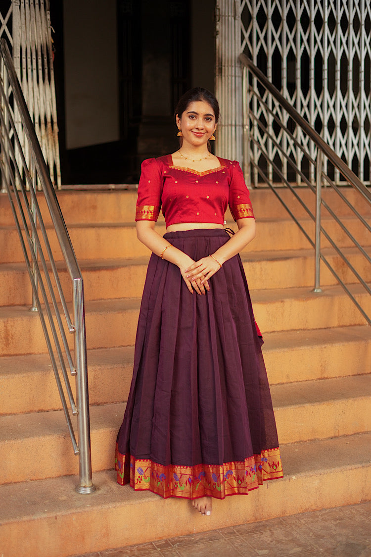 crop top skirt with dupatta - Red crop top and maroon pleated skirt set with Paithani border