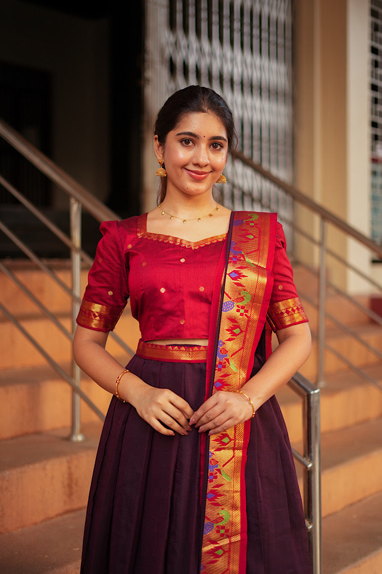 Front view of the crop top skirt with dupatta draped over the shoulder