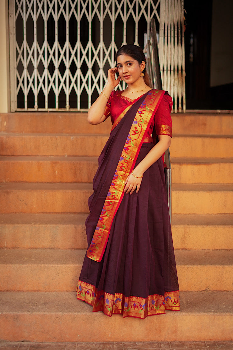 Side view of the paithani border lehenga set with elegant pleats