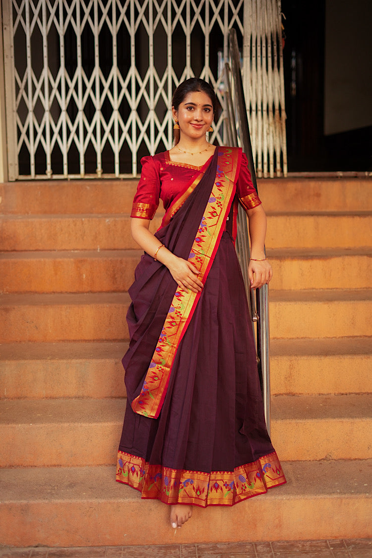 Full-length view of the multiway ethnic dress styled as a traditional half saree