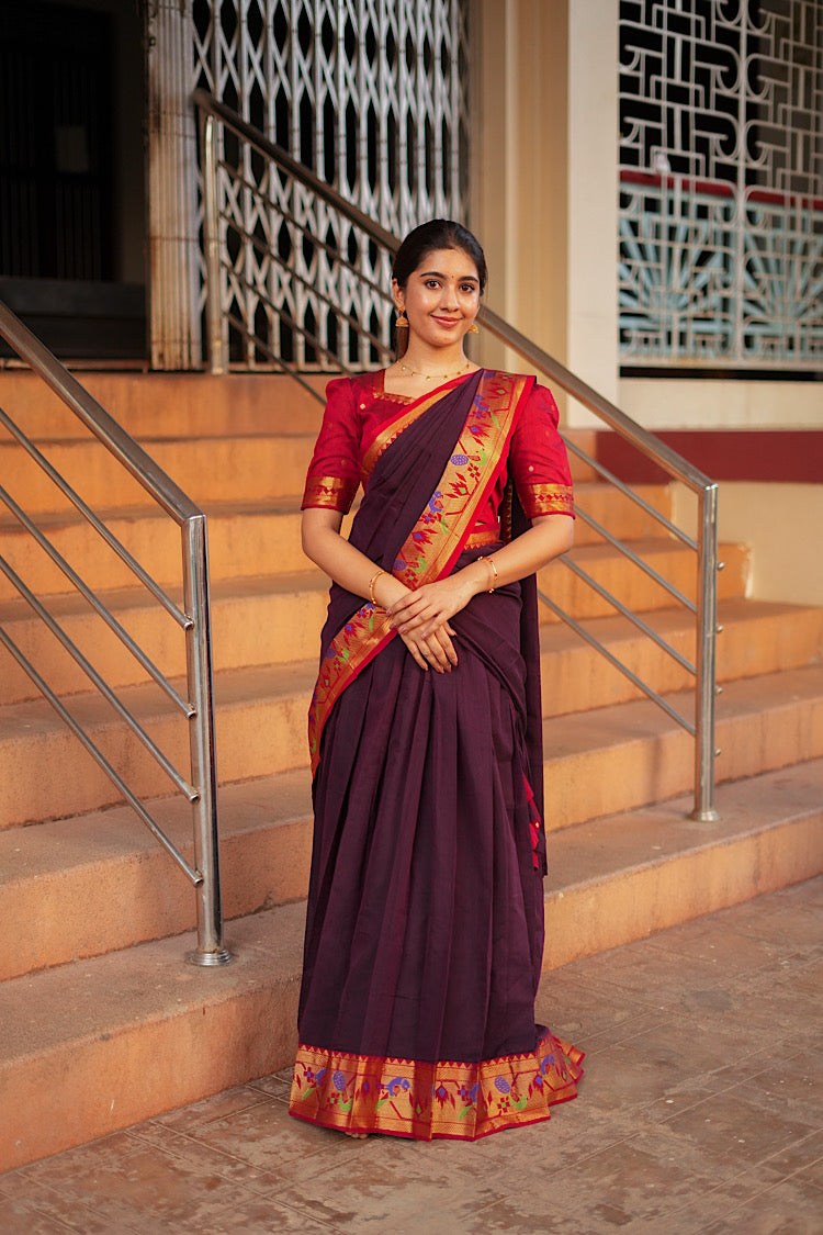 Half saree style drape of the maroon and red crop top skirt with dupatta