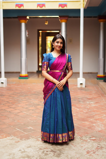 Full-length view of the peacock blue ethnic maxi dress with dupatta styled in a classic drape.