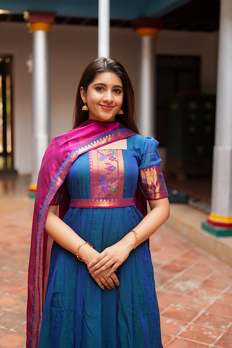 Close-up of the peacock blue ethnic maxi dress with dupatta draped over the shoulder.
