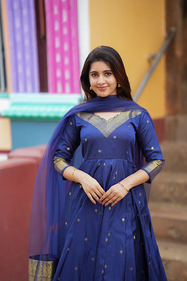 Front view of the Aaradhya royal blue silk anarkali suit with dupatta draped elegantly