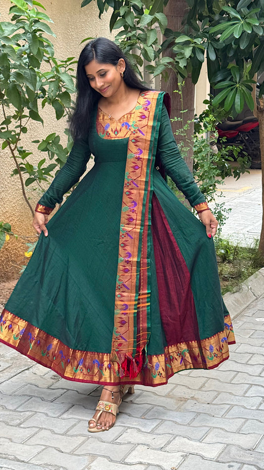Saritha - Green Pythani Side Panel Anarkali 2 Pcs Set