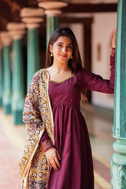 Elegant maroon mangalgiri cotton anarkali suit featuring a gathered waist and long sleeves