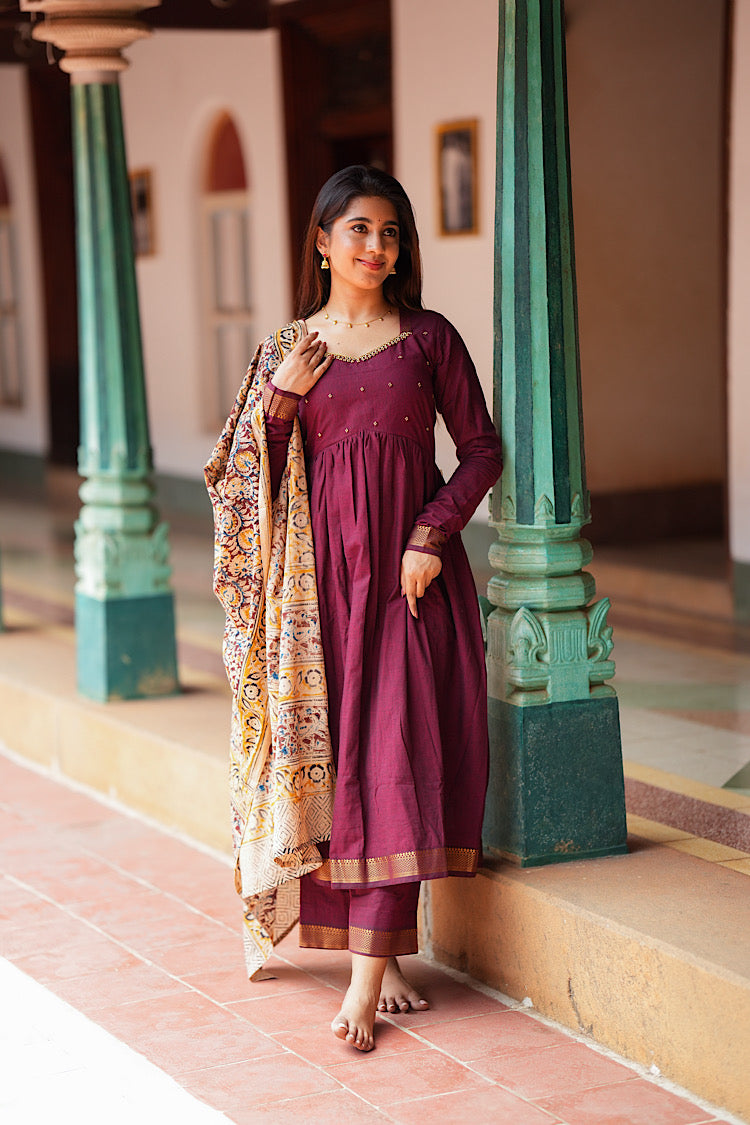 Full-length view of the maroon mangalgiri cotton anarkali suit with matching palazzo pants