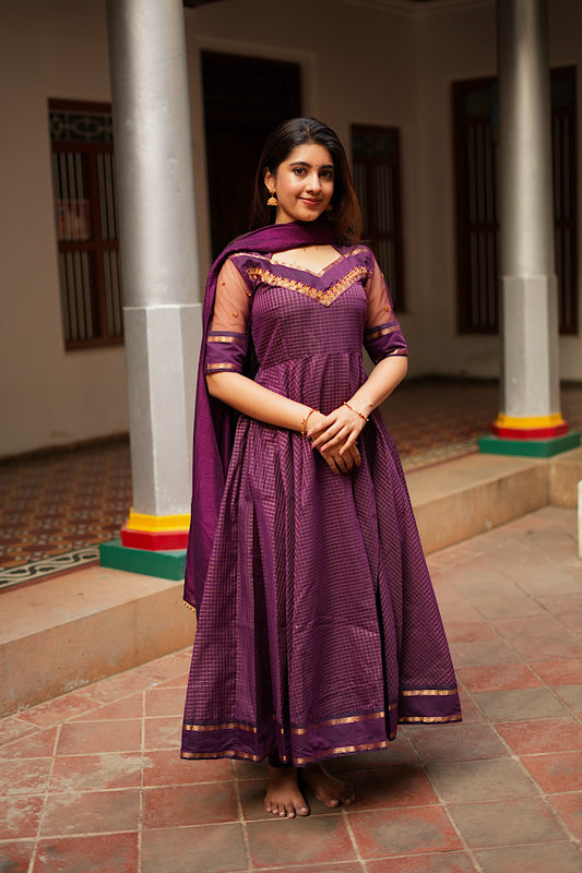 Aarya vine purple anarkali suit with dupatta featuring gold Aarani checks and a flared hem.