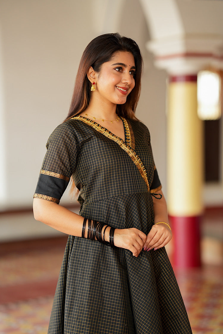 Side profile of the black ethnic maxi dress with dupatta draped elegantly