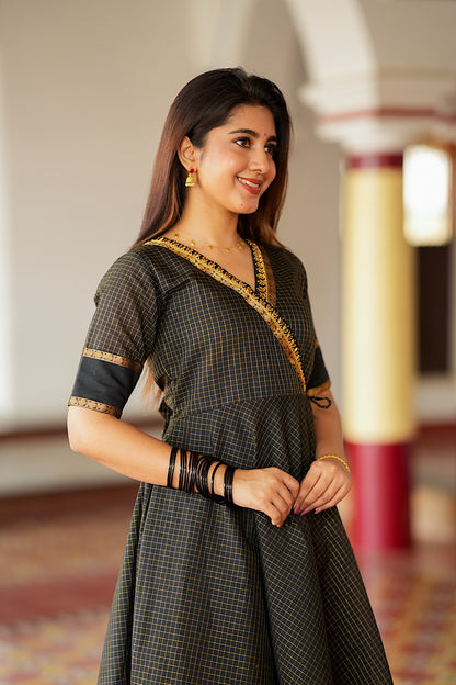 Side profile of the black ethnic maxi dress with dupatta draped elegantly