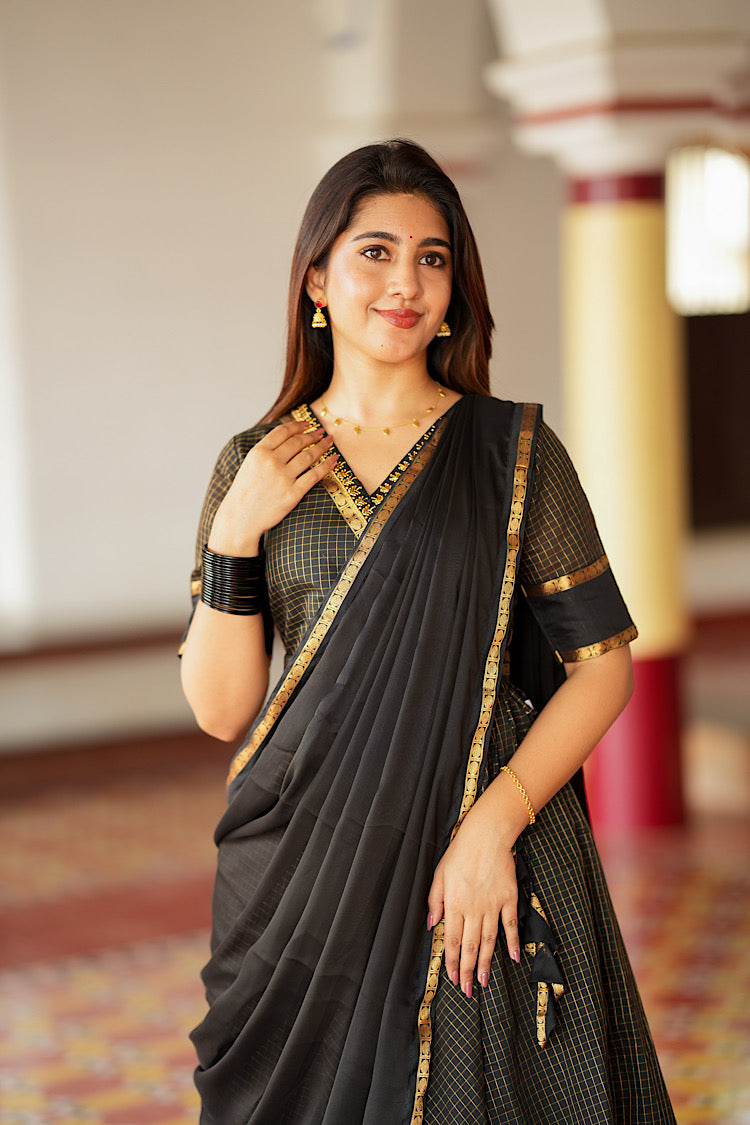 Elegant front view of the Niyara black Aarani silk ethnic maxi dress with dupatta