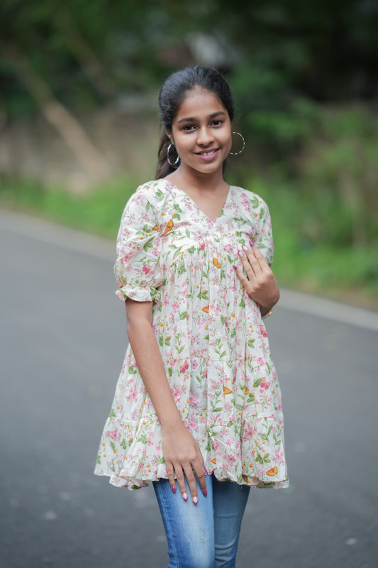 Aarna - Beige Floral Cotton Peplum Top